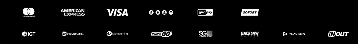 Black footer row with payment and provider logos including Mastercard, American Express, Visa, cryptocurrency icons, Giropay, Sofort, IGT, Novomatic, Microgaming, Play’n GO, Scientific Games, Hacksaw Gaming, Playson, and InOut.