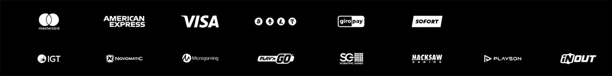 Black footer row with payment and provider logos including Mastercard, American Express, Visa, cryptocurrency icons, Giropay, Sofort, IGT, Novomatic, Microgaming, Play’n GO, Scientific Games, Hacksaw Gaming, Playson, and InOut.