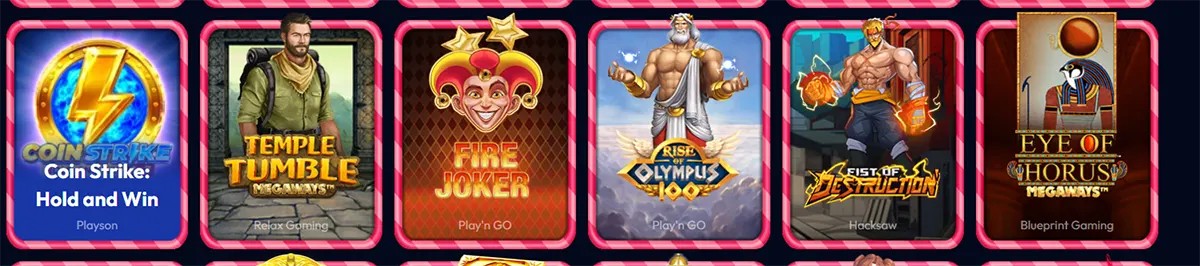 Casino game tiles featuring Coin Strike: Hold and Win, Temple Tumble Megaways, Fire Joker, Rise of Olympus 100, Fist of Destruction, and Eye of Horus Megaways, shown in bright pink-framed cards on a dark blue background.