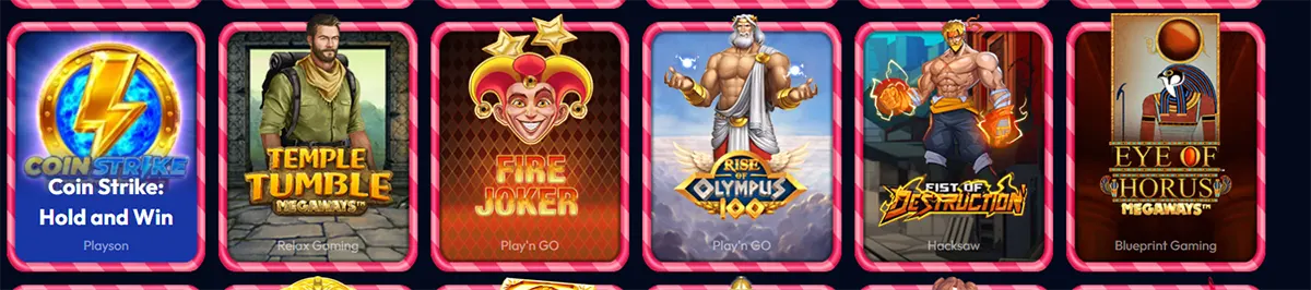 Casino game tiles featuring Coin Strike: Hold and Win, Temple Tumble Megaways, Fire Joker, Rise of Olympus 100, Fist of Destruction, and Eye of Horus Megaways, shown in bright pink-framed cards on a dark blue background.