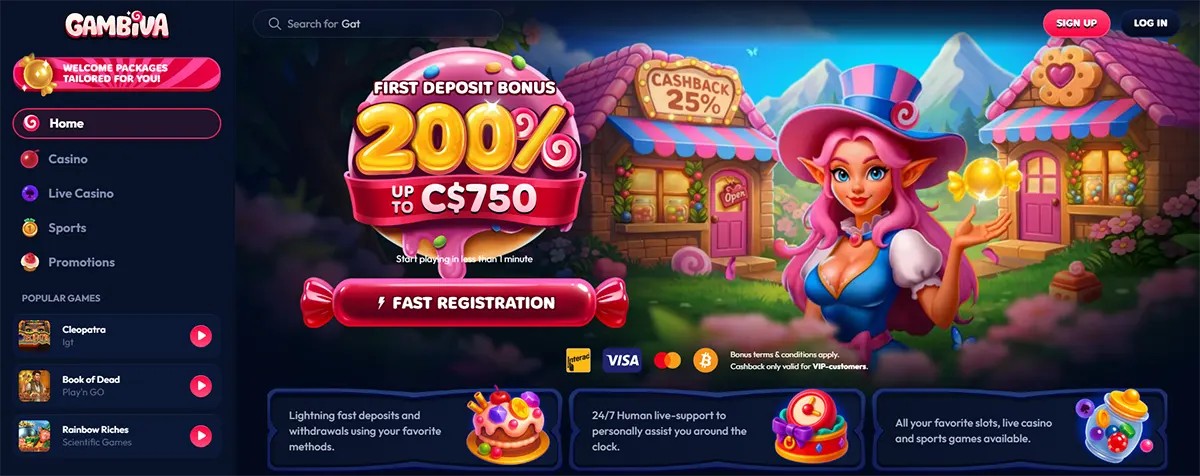 Candy-themed casino homepage for Gambiva featuring a 200% first deposit bonus up to C$750, a pink-haired fantasy hostess, cashback signage, a fast registration button, left-side navigation menu, and payment icons including Interac, Visa, Mastercard, and Bitcoin.