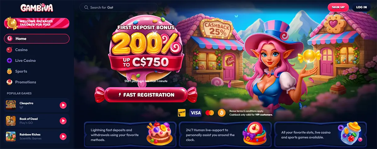 Candy-themed casino homepage for Gambiva featuring a 200% first deposit bonus up to C$750, a pink-haired fantasy hostess, cashback signage, a fast registration button, left-side navigation menu, and payment icons including Interac, Visa, Mastercard, and Bitcoin.