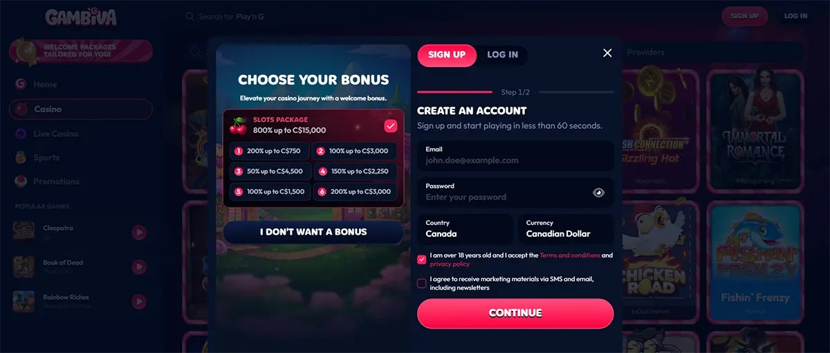 Casino sign-up popup with bonus package selection, account creation fields, country and currency options, consent checkboxes, and a pink “Continue” button on a dark neon-themed casino interface.