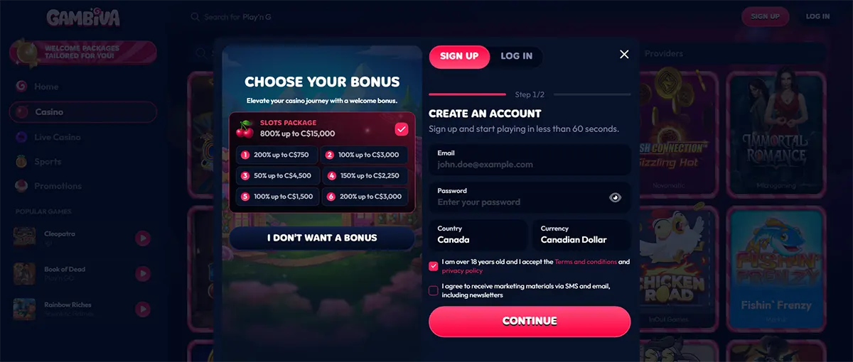 Casino sign-up popup with bonus package selection, account creation fields, country and currency options, consent checkboxes, and a pink “Continue” button on a dark neon-themed casino interface.